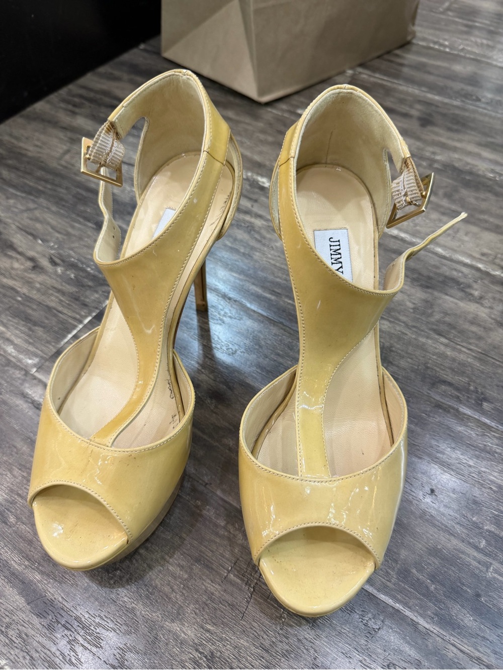 Jimmy Choo Yellow Patent Leather T-Strap Peep-Toe Pumps